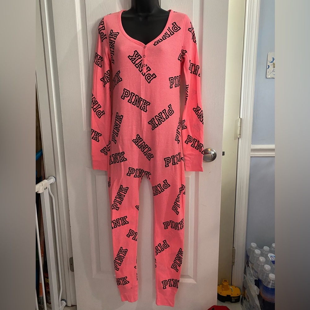 RARE NWOT PINK Victoria’s Secret thermal back flap onesie, neon pink